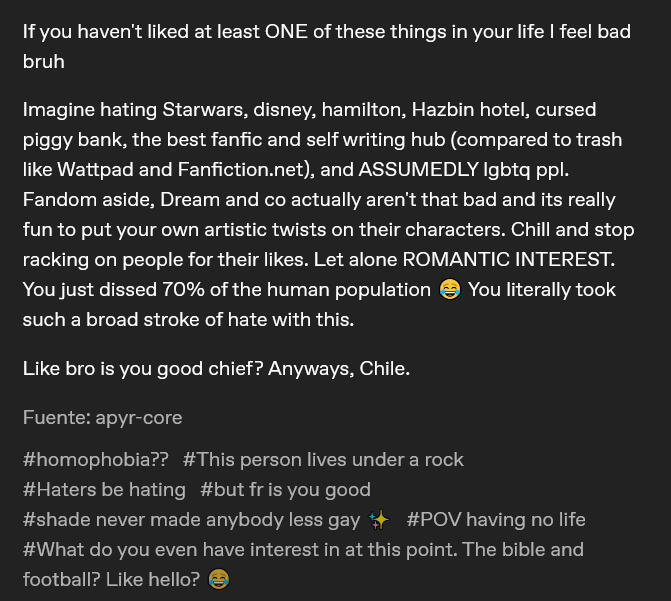 A post accussing me of being homophobic for not liking popular media, followed by tags with taylor swift lyrics about homophobia