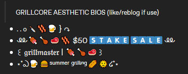 Grillcore aesthetic bios, featuring various meat and grilling culture related emojis